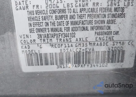 2015 Nissan Sentra S z USA, uszkodzony, nr VIN 3N1AB7APXFY344102